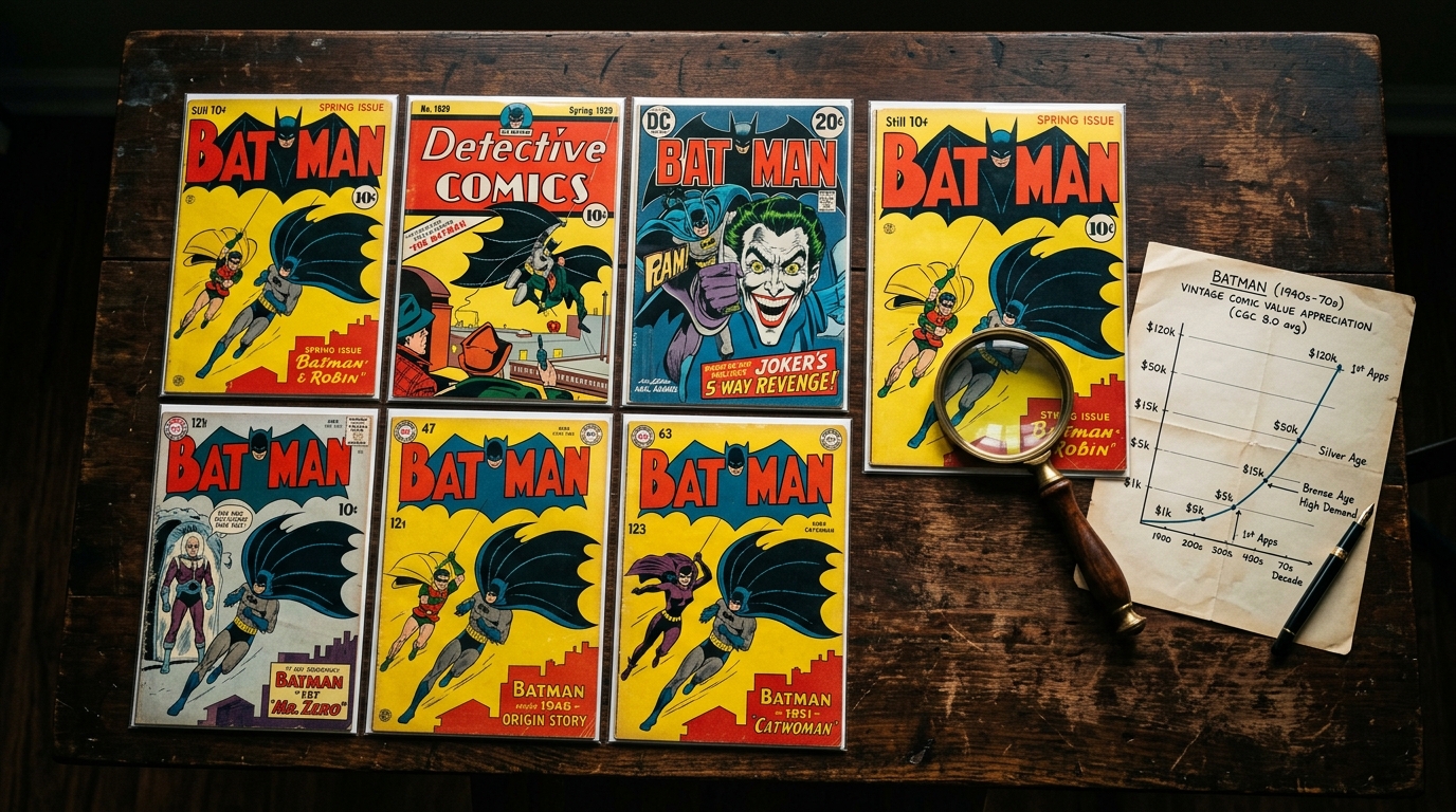 Vintage Batman comic book covers displayed on a wooden table alongside market valuation charts