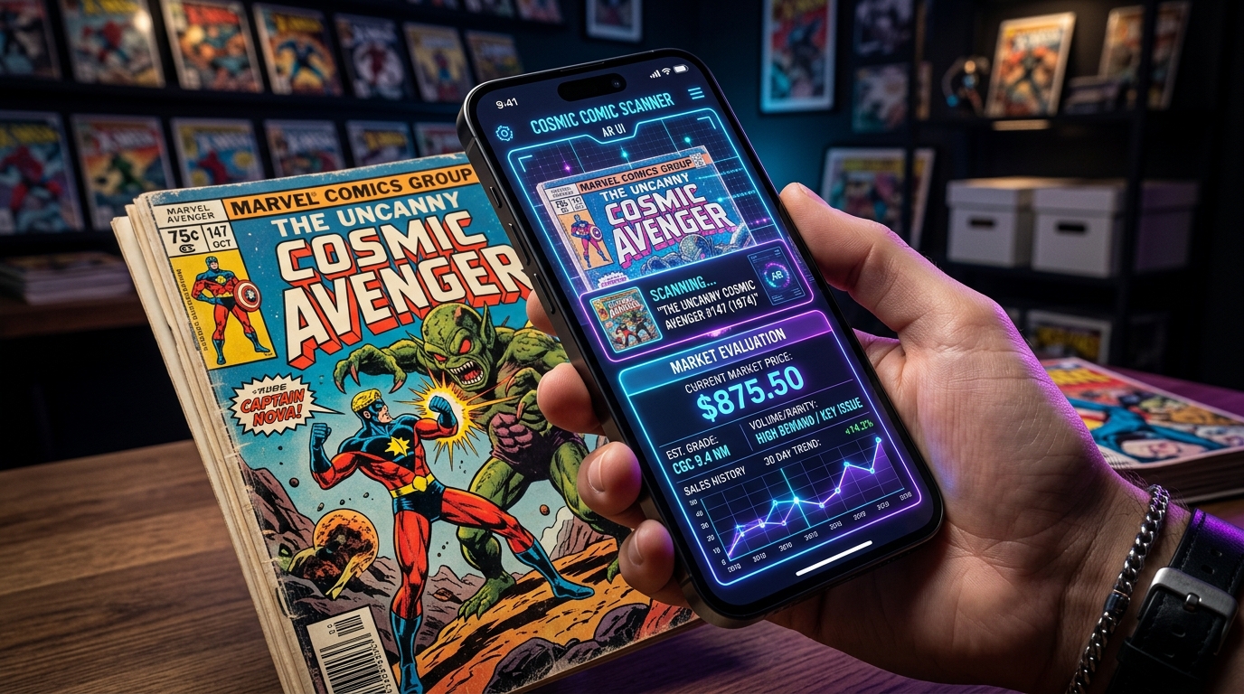 Collector using a smartphone comic scanner app to evaluate a vintage comic book cover