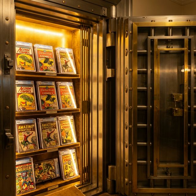 A display of the world's most valuable comic books, including Action Comics #1 and Amazing Fantasy #15.