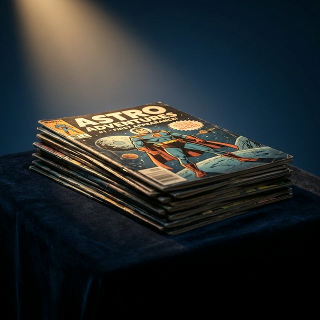 A magnifying glass focusing on a rare comic book cover with high-end detailing.