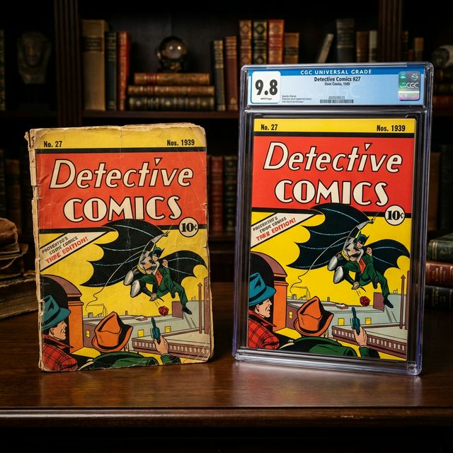 A comparison of a raw comic book and a professionally graded slabbed comic book.