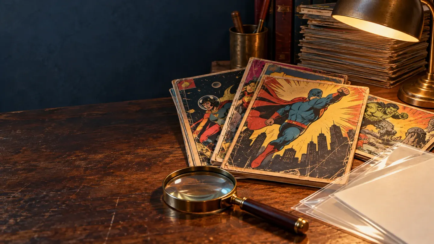 Conceptual collector desk with fictional aged comics, a magnifying glass, and protective sleeves