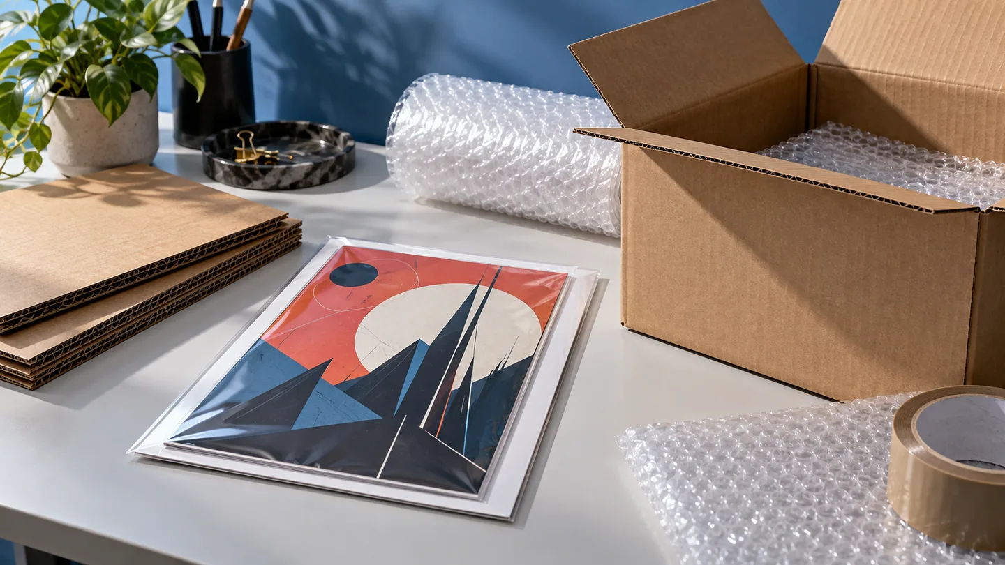 Conceptual illustration of a sleeved fictional comic, backing material, cushioning and an open shipping box.