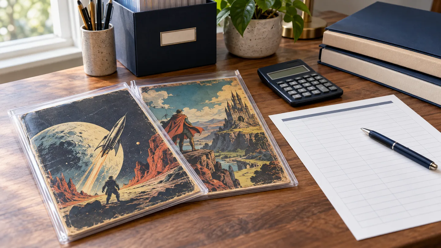 Fictional comics in protective sleeves beside a blank inventory worksheet, calculator and reference folders.