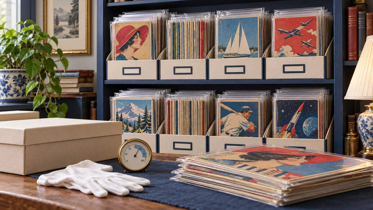 Editorial illustration of sleeved comic books in archival boxes with a hygrometer and cotton gloves