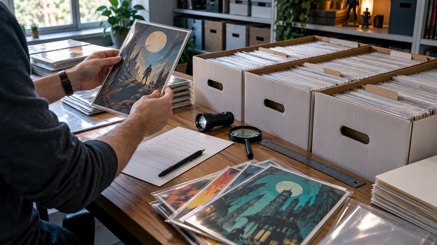 Conceptual illustration of a buyer inspecting comic boxes with a checklist, loupe and budget ledger
