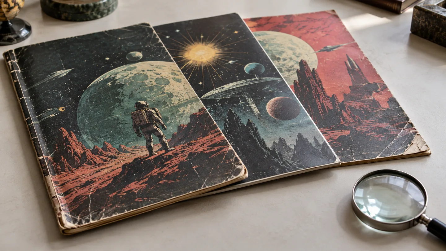 Illustrative comic spines and corners showing different wear beside a magnifying glass; no grades are assigned.