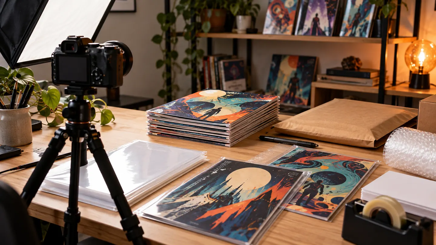 Conceptual illustration of a comic book selling workspace with a camera, protective sleeves, comics, and packing materials.
