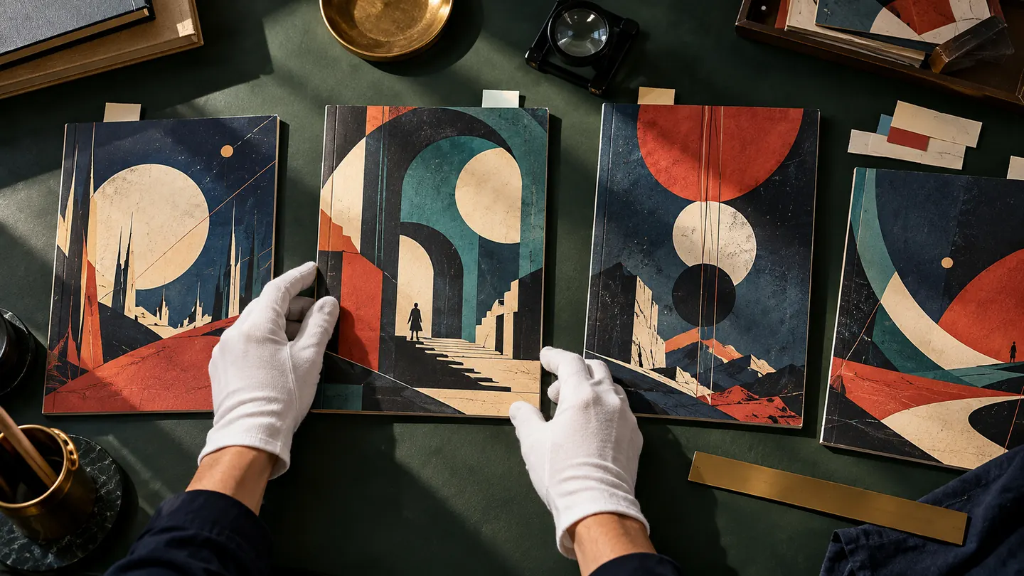 Fictional abstract comic covers compared on a collector desk; conceptual art, not edition-identification evidence.