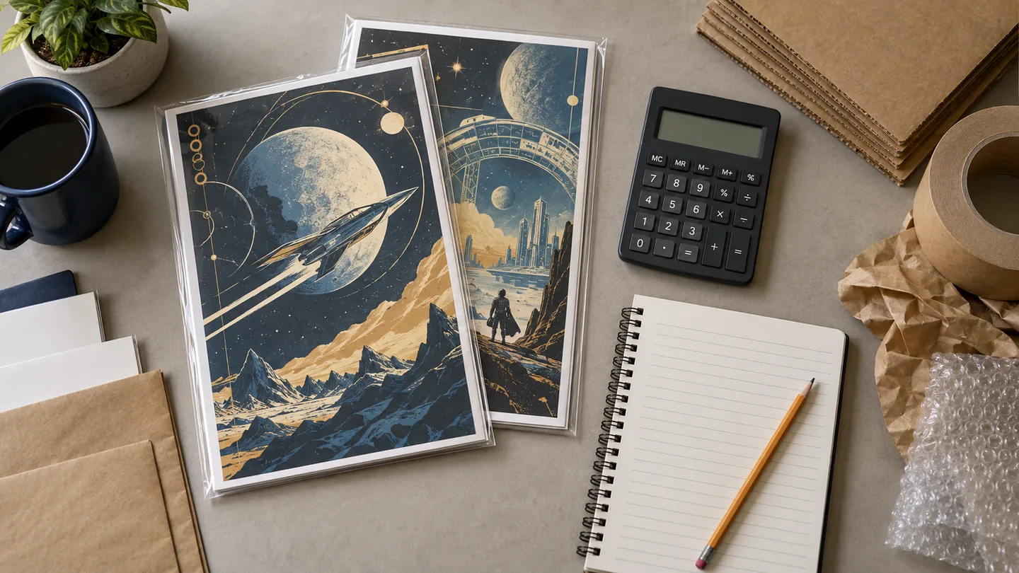 Bagged fictional comics, calculator, notebook and shipping boards arranged for a grading-cost budget.
