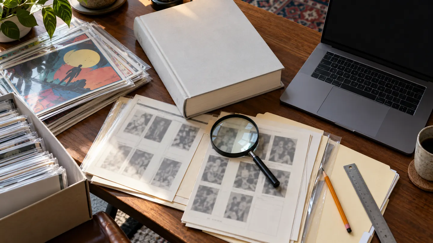 Conceptual illustration of a printed comic price guide, laptop research and a dated evidence ledger
