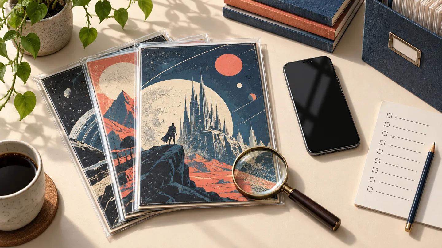 Original editorial illustration of sleeved comics, a dark-screen phone, magnifier and research checklist