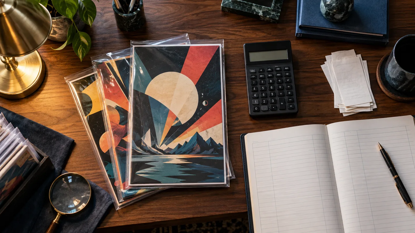 Original conceptual illustration of fictional comics, a calculator and a research ledger on a wooden desk.