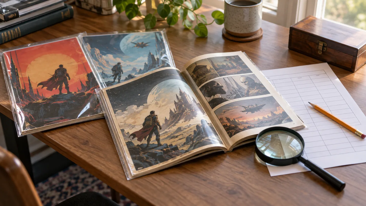 Illustrative comic books, a magnifying glass and a comparison worksheet on a collector's desk.