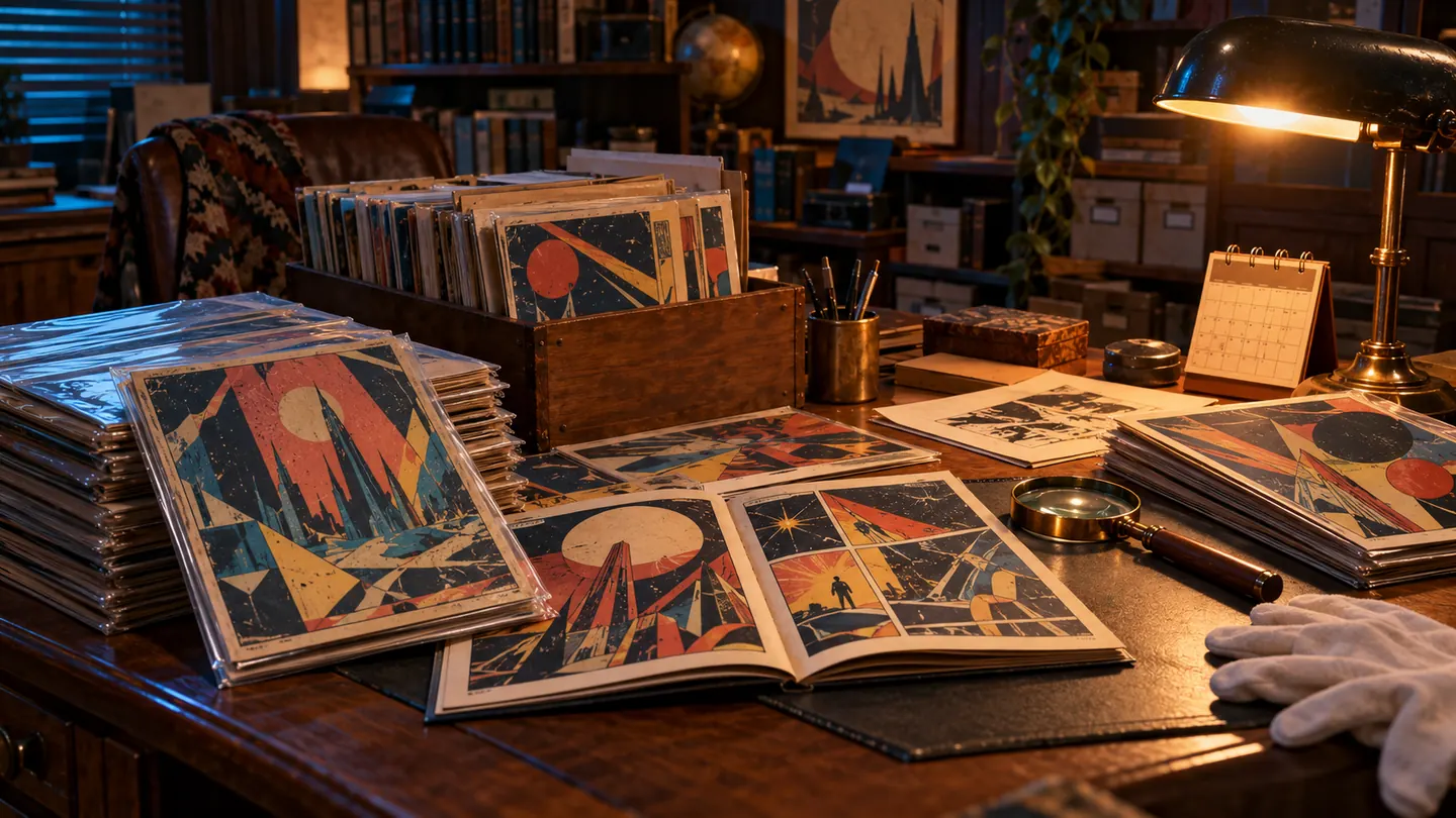 Collector's desk with bagged comics, a loupe, and notes for researching Copper Age editions