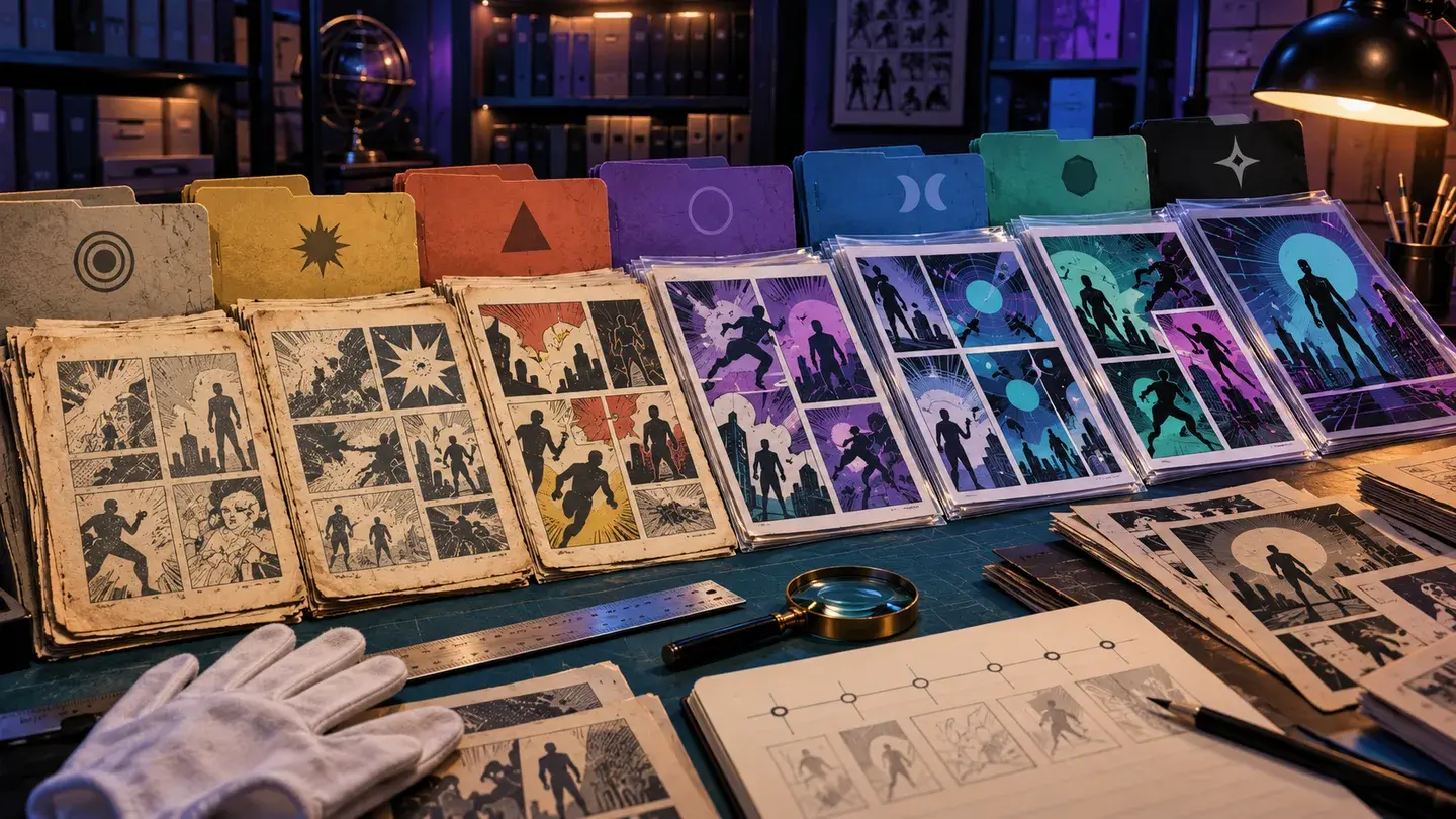 Collector comparing X-Men eras with a loupe, research notes, and bagged comics on a desk
