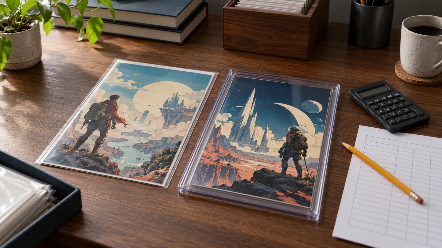 Two different fictional comics, one bagged and one in an unlabelled clear case, beside a calculator and worksheet.