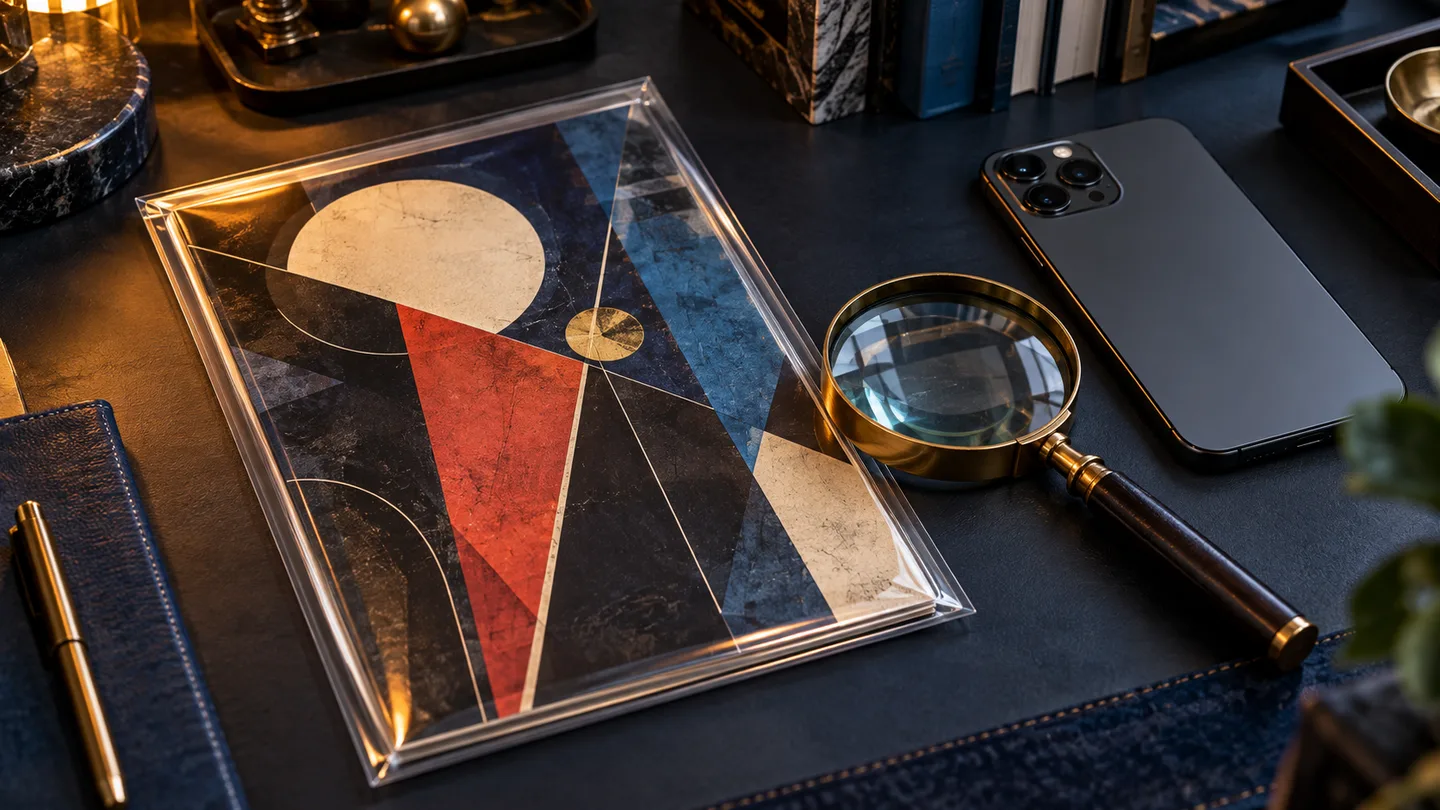 Conceptual illustration of a phone, bagged fictional comic and magnifying glass on a collector's desk.
