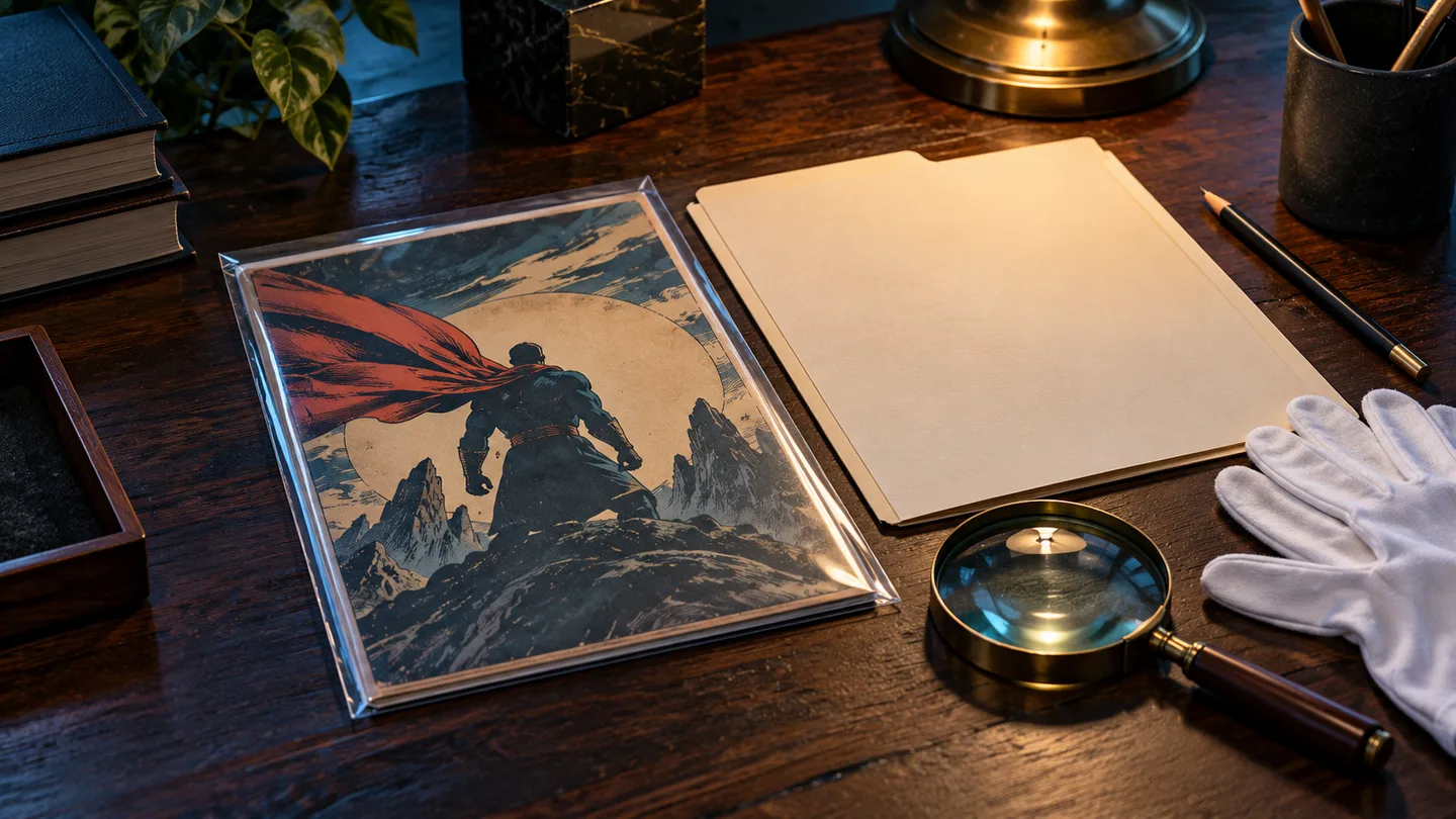 Conceptual collector desk with a signed comic, provenance folder and blank condition record