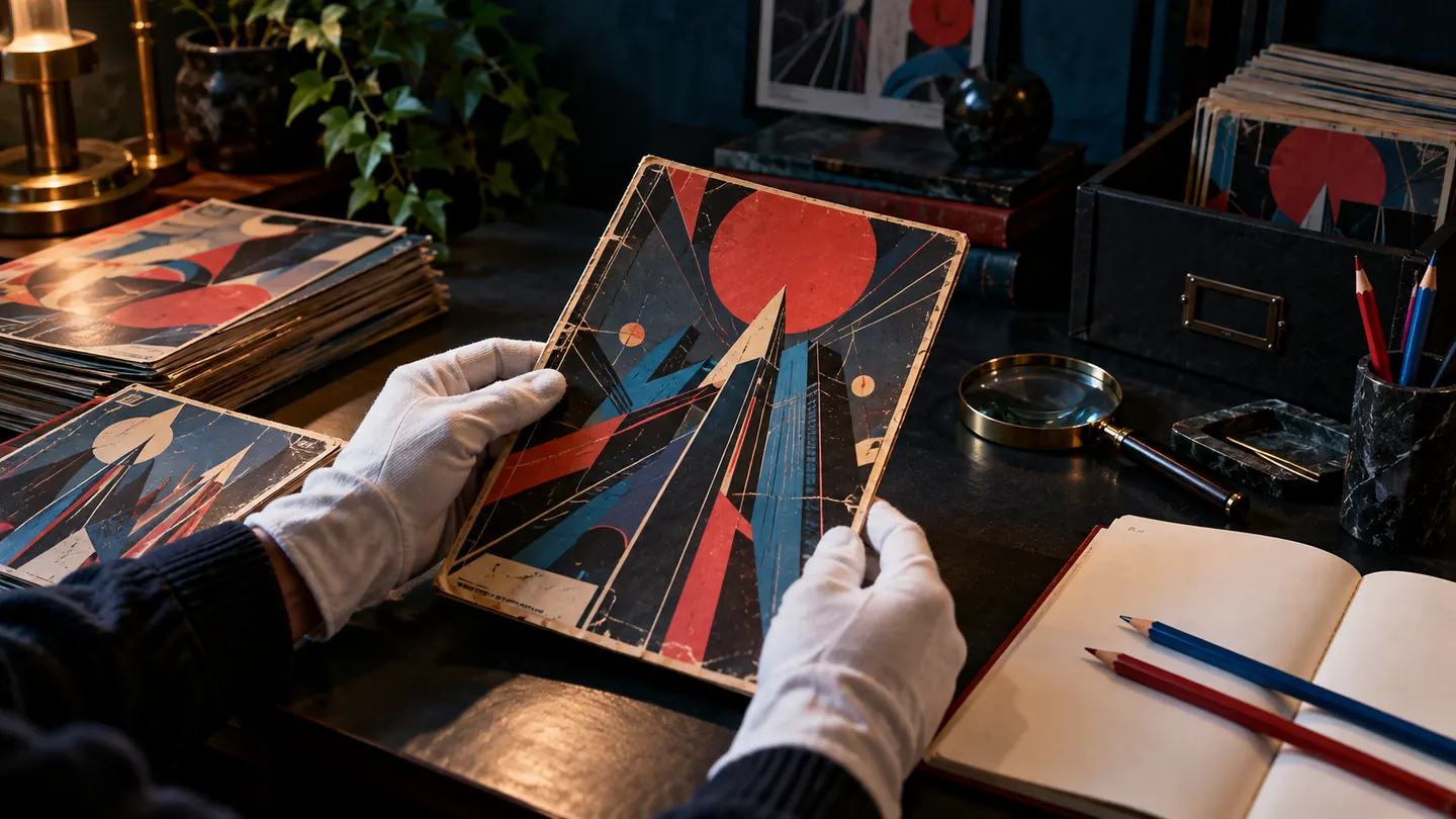 Conceptual red-and-blue collector desk with fictional abstract comic covers and research tools